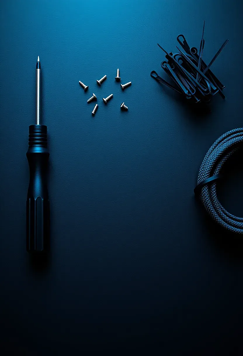 Overhead view of a dark workbench with a driver, standoff screws, zip ties and a coil of braided wire.
