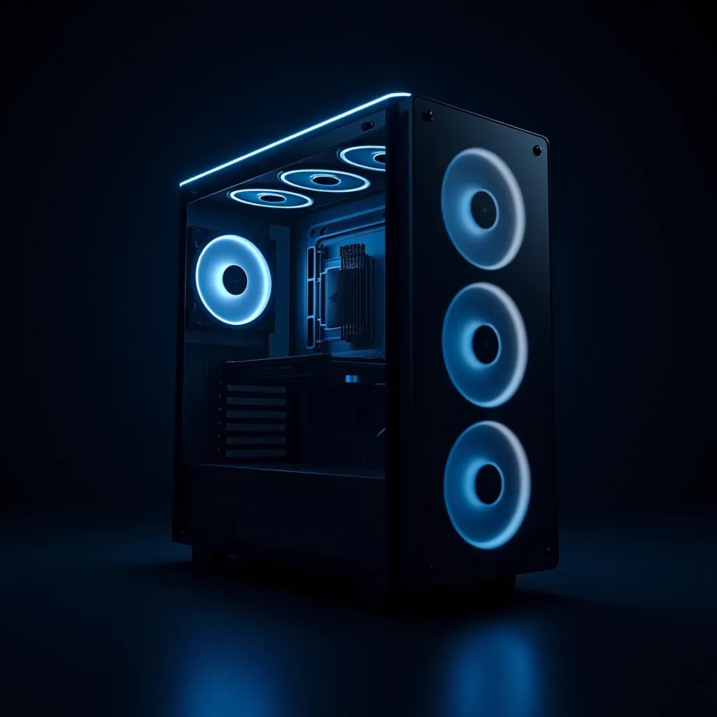 A matte black gaming PC tower with mesh front and tempered glass side panel, blue RGB fans glowing inside.