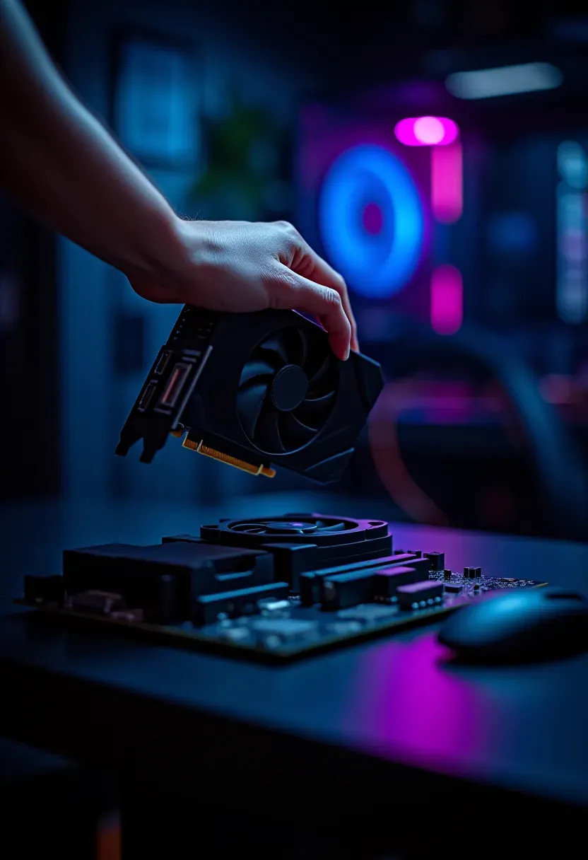 A hand lowering a graphics card toward an open motherboard on a dark bench, lit blue from a case behind it.