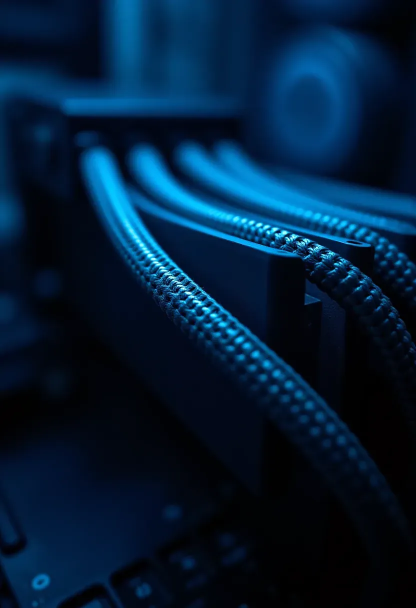 Tight macro of braided black power cables bent through a cable comb behind the motherboard tray.