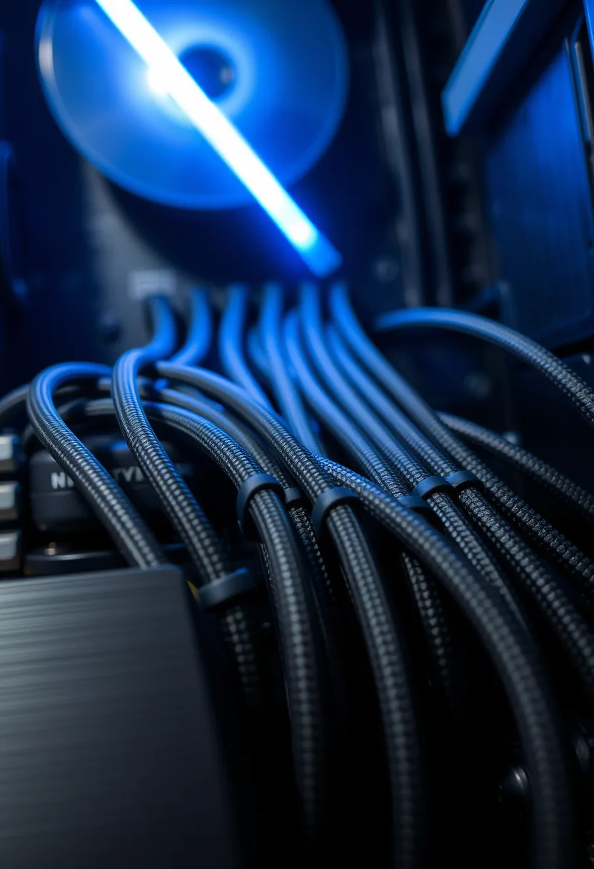 Braided black power cables routed in parallel behind a motherboard tray and held with evenly spaced zip ties.