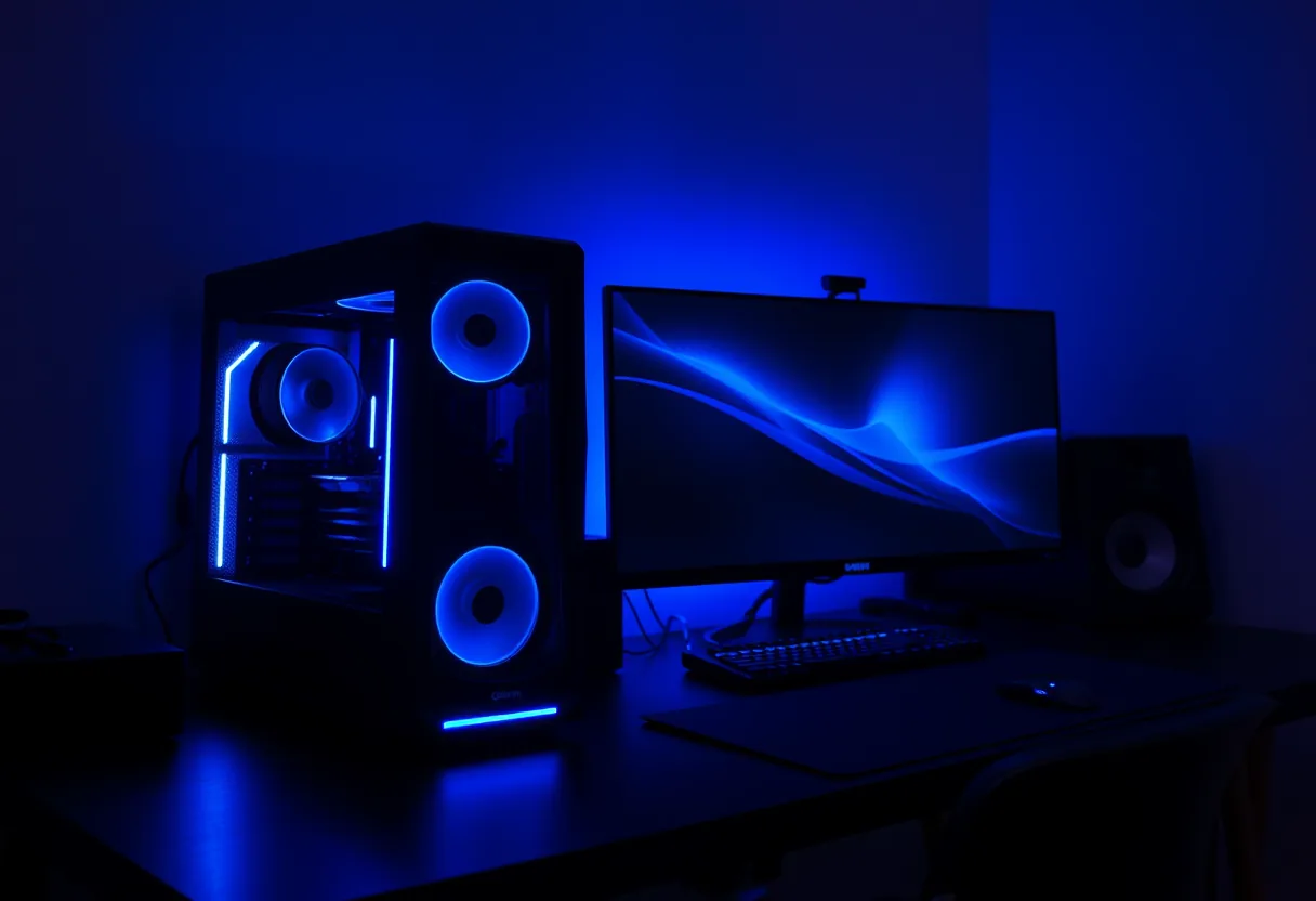 A black tower with blue lighting standing next to a monitor on a dark desk at night.