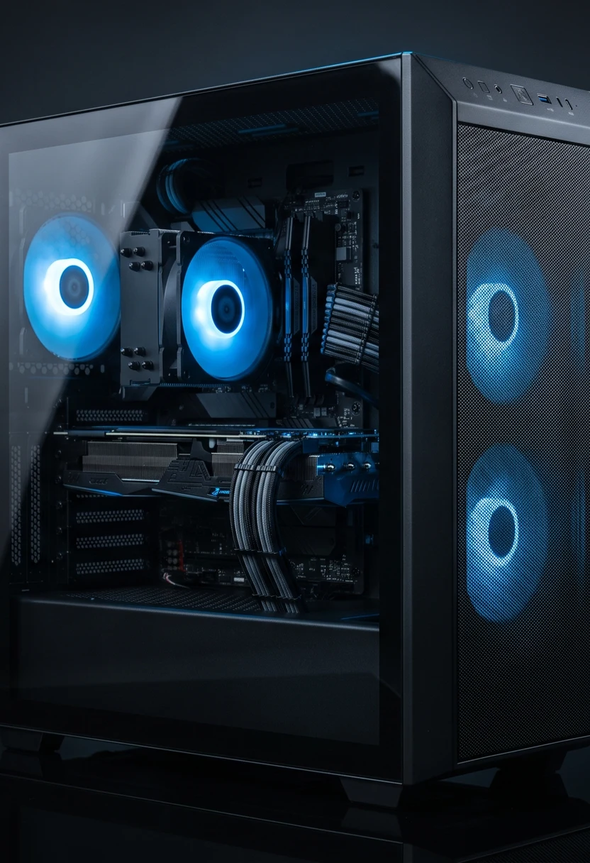 A finished matte black gaming tower with a tempered-glass panel, blue RGB fans lighting the interior, on a dark reflective desk.