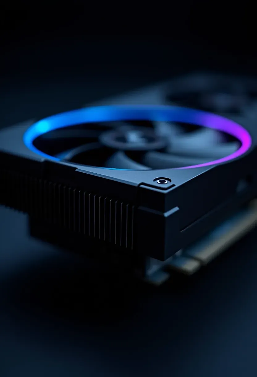 Macro of a graphics card: dark fan blades ringed in blue-to-magenta light above a brushed aluminium fin stack.