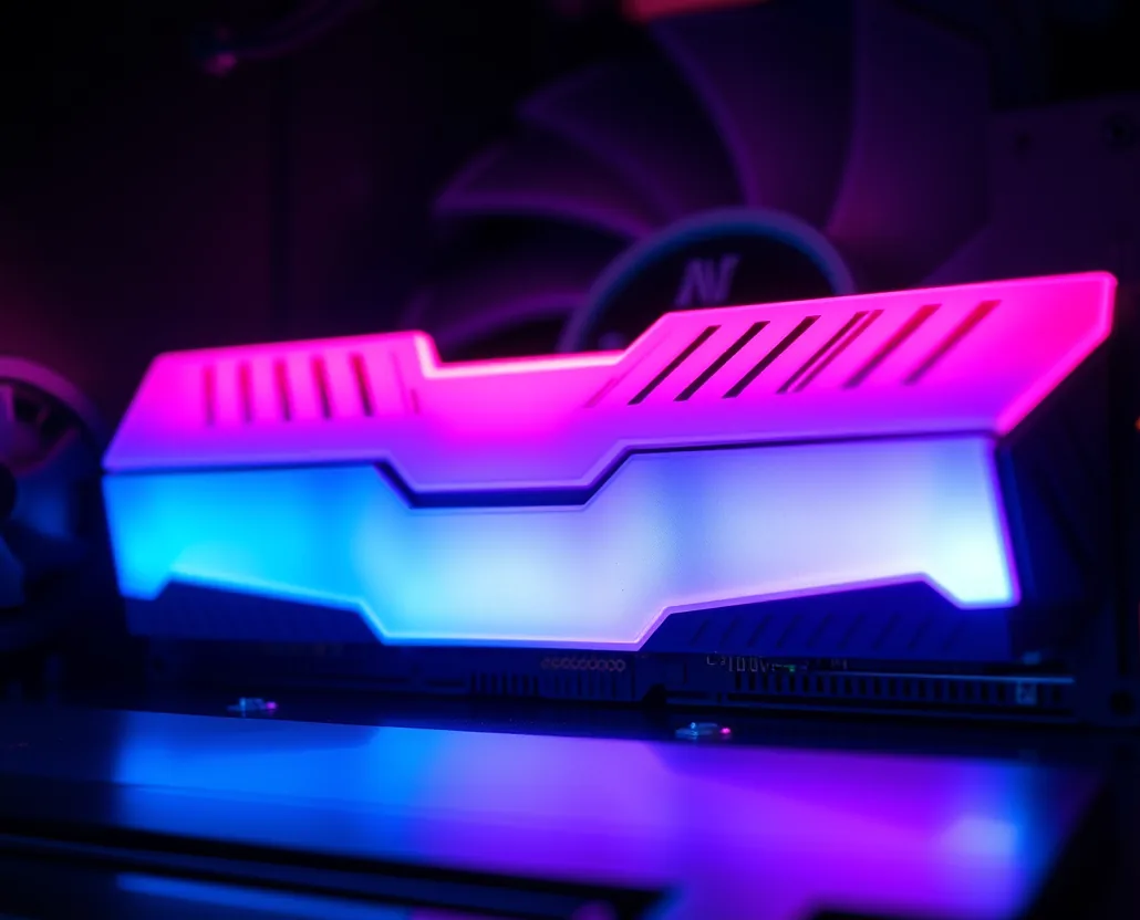 Macro of RGB memory modules glowing blue into magenta inside a dark case.