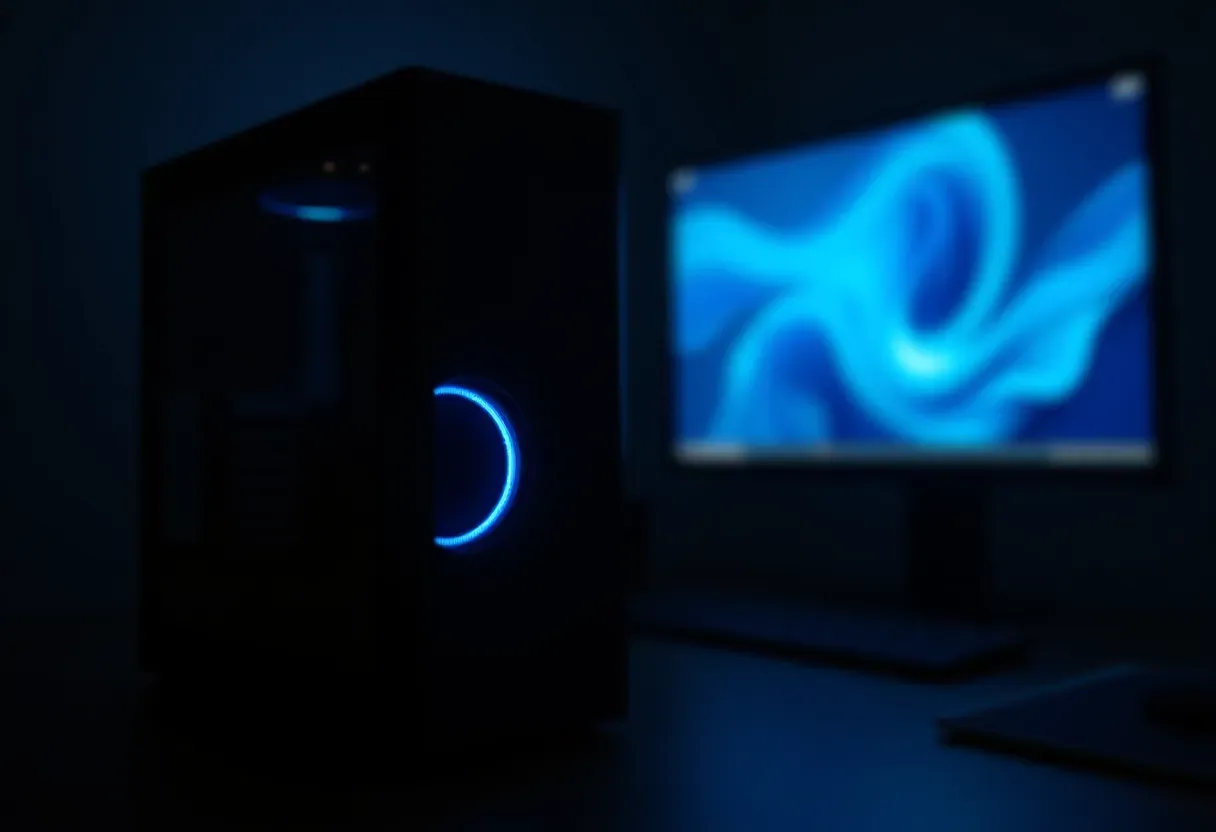 A finished tower running in a dark room, its blue front ring lit, a monitor glowing blue out of focus behind it.