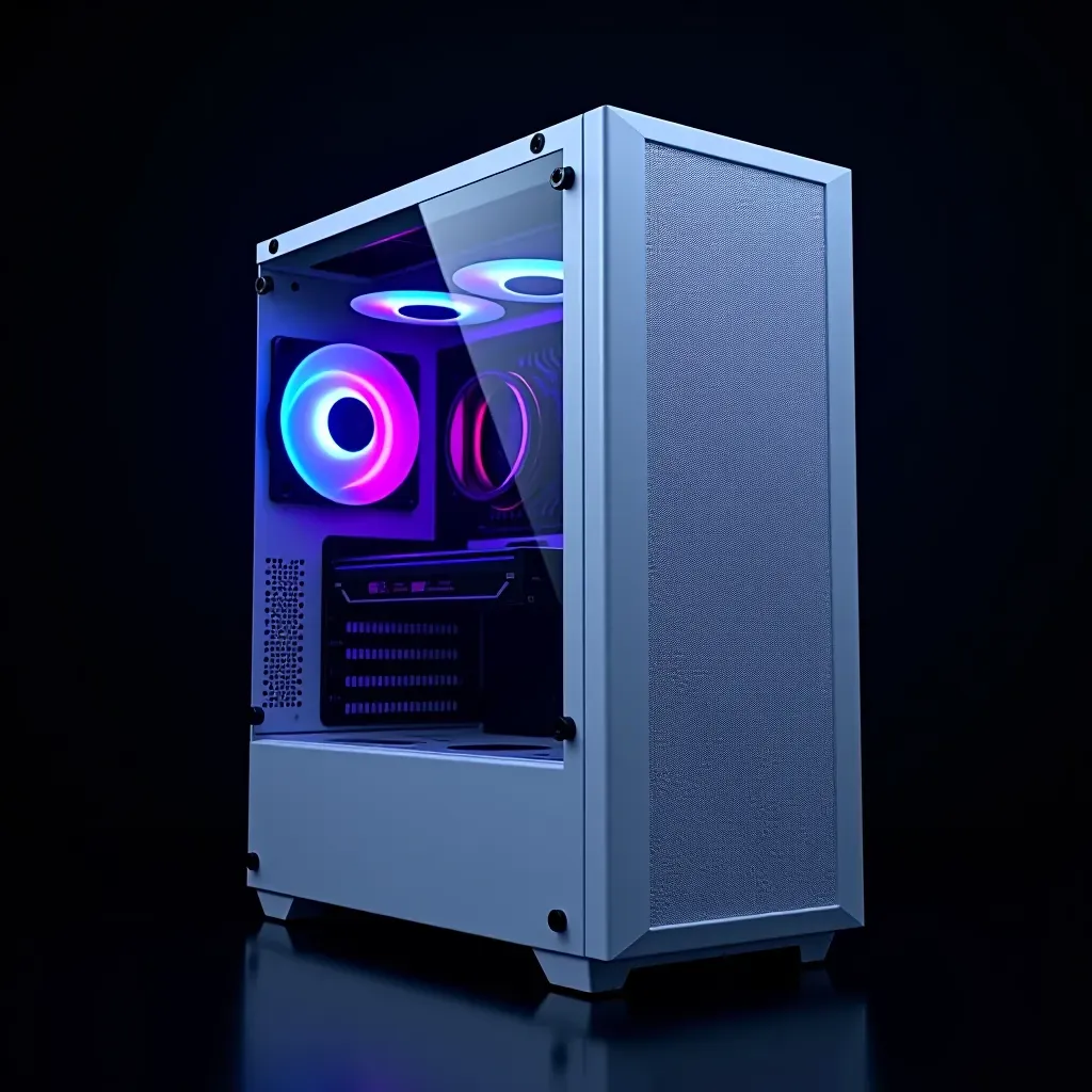 A white mesh-front gaming PC tower with tempered glass side panel and magenta and blue RGB fans inside.