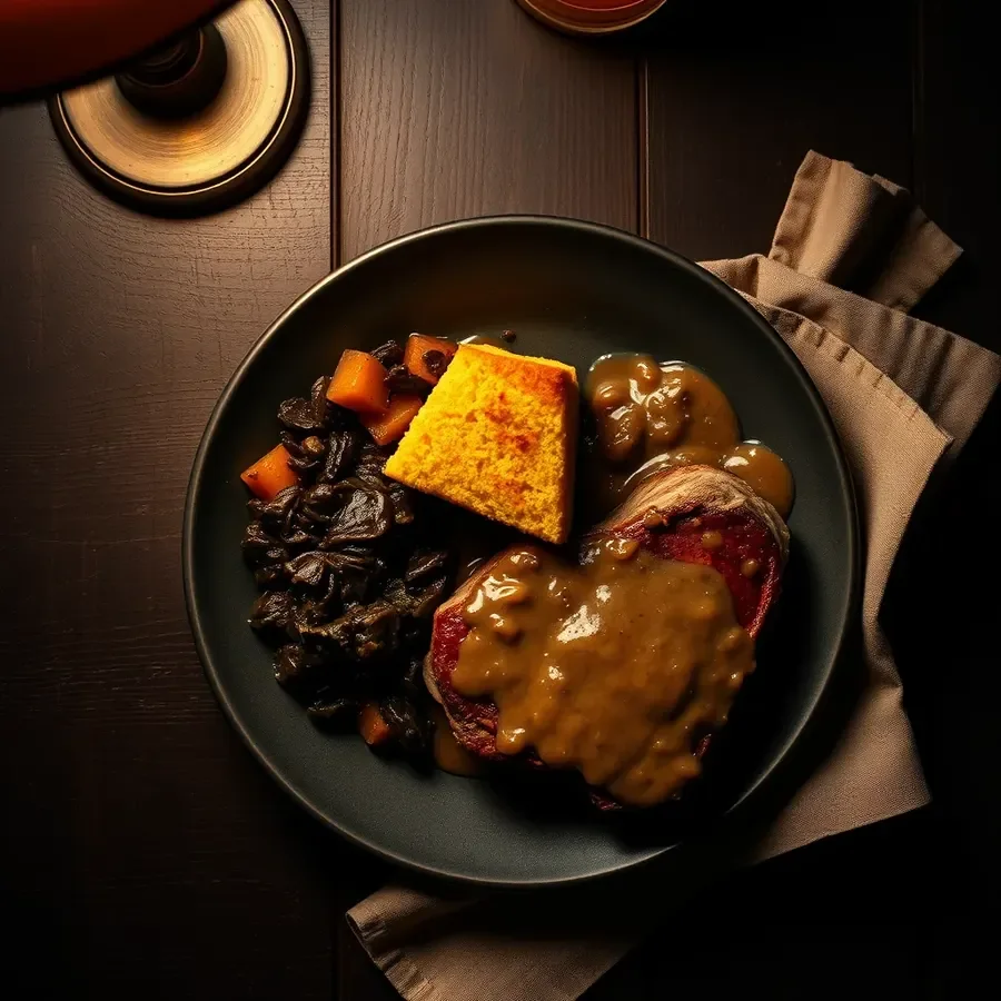 Overhead photograph of a soul food plate on a dark wooden table, from a restaurant website concept.