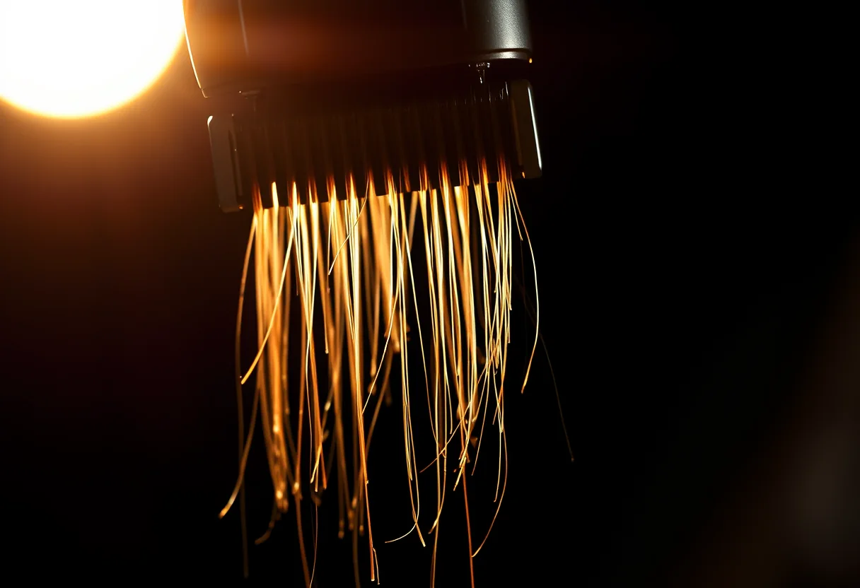 Clippers mid-cut with fine hair falling through a hard shaft of light.