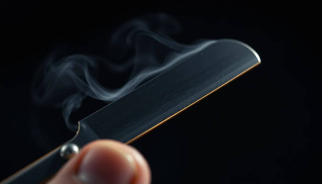 Macro photograph of a straight razor held at a shallow angle, a thin gold highlight running along its honed edge, steam curling across a near-black background.
