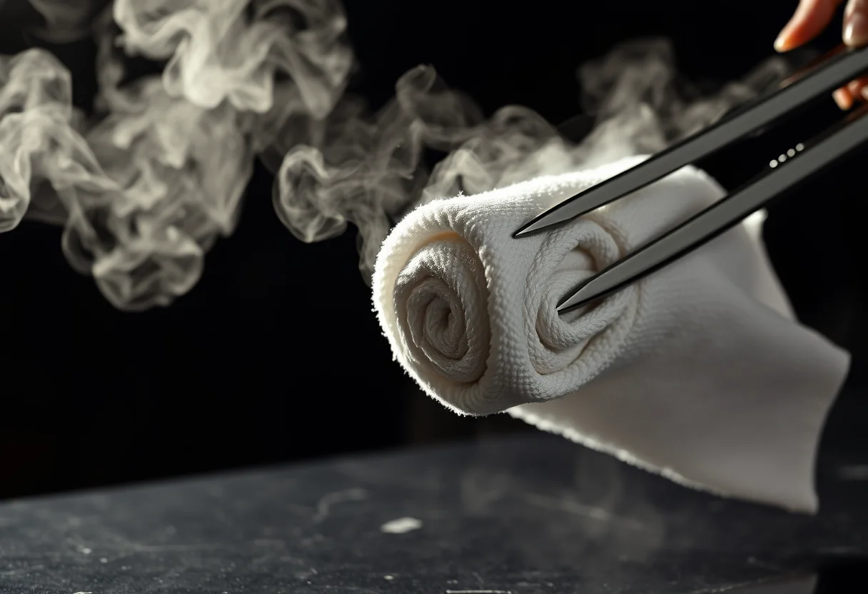 A rolled white towel steaming heavily in stainless steel tongs above a dark counter.