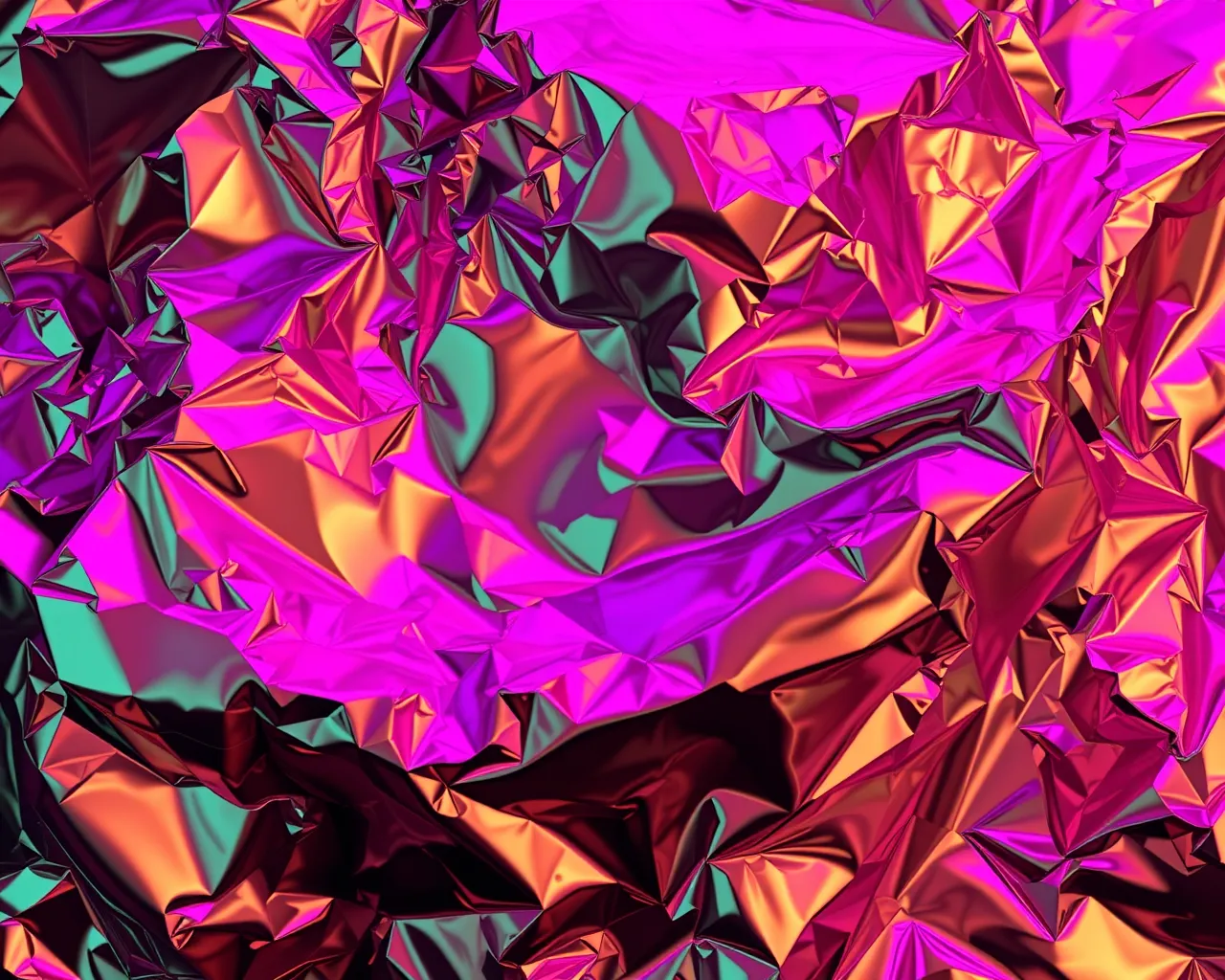 Abstract concept texture of crumpled rose-gold and chrome foil under magenta light.
