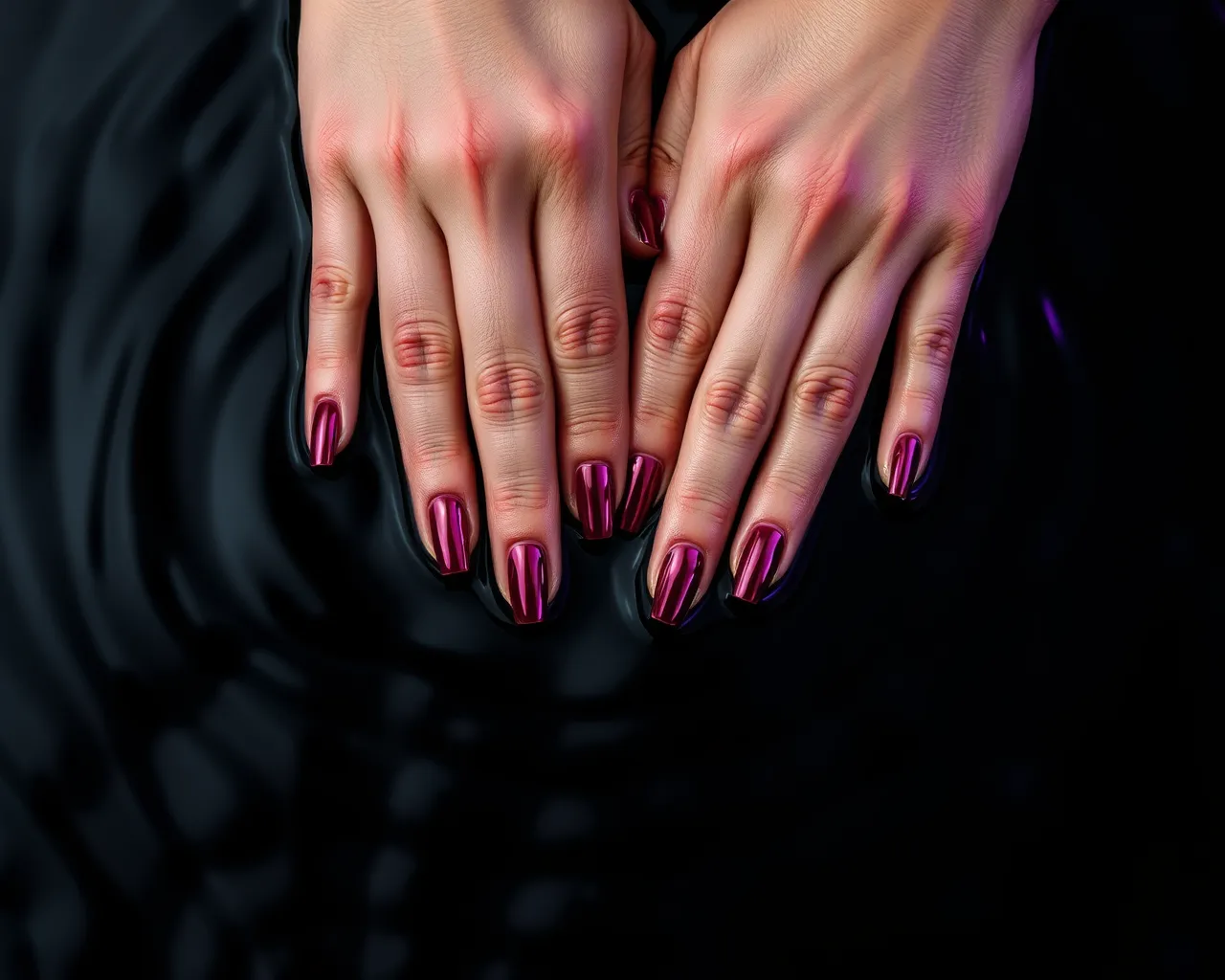 Concept image of two hands with glossy chrome manicures resting on dark rippled water.