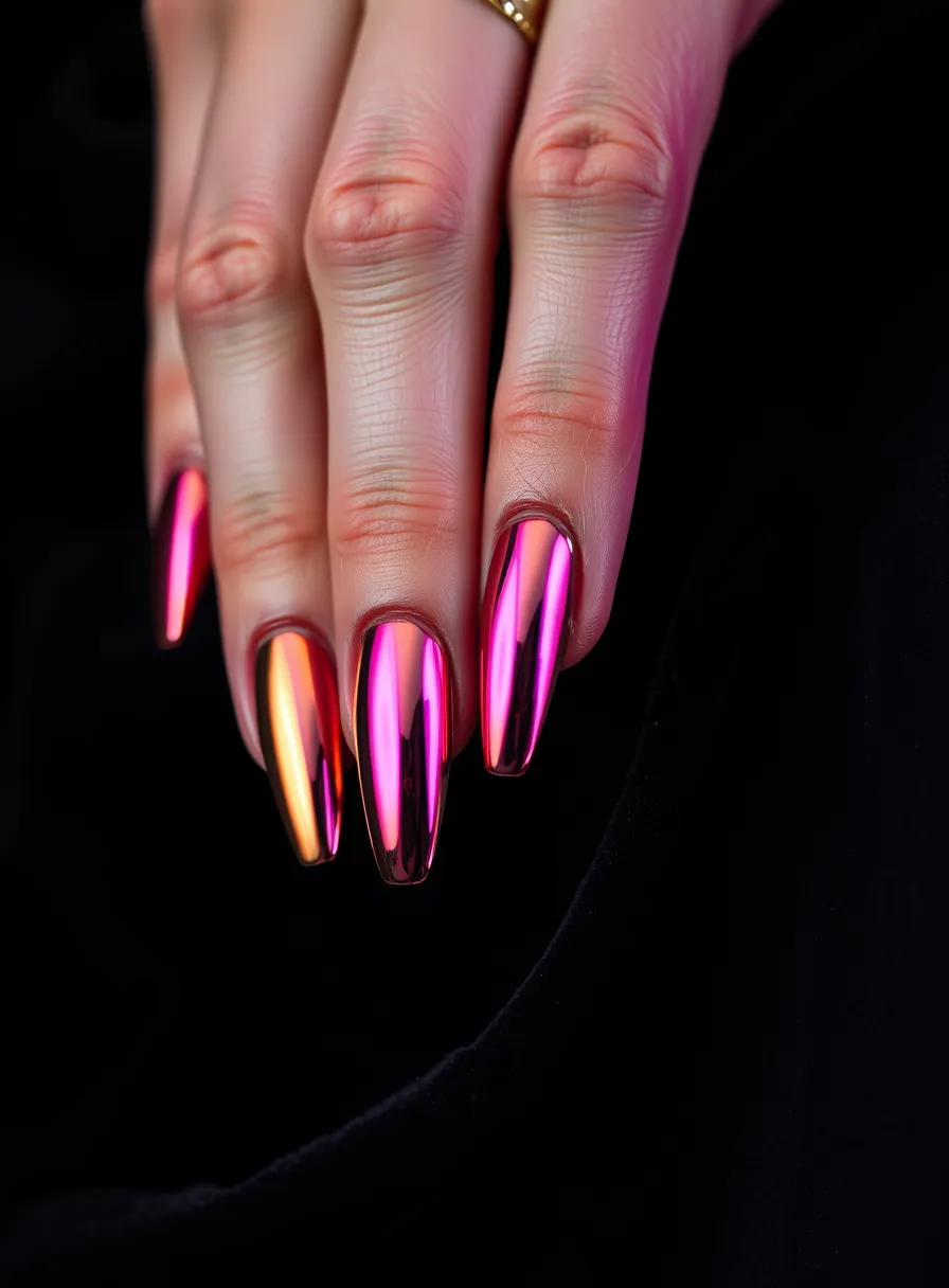 Macro shot of long almond nails in mirror-finish chrome, lit by magenta studio light against black velvet.