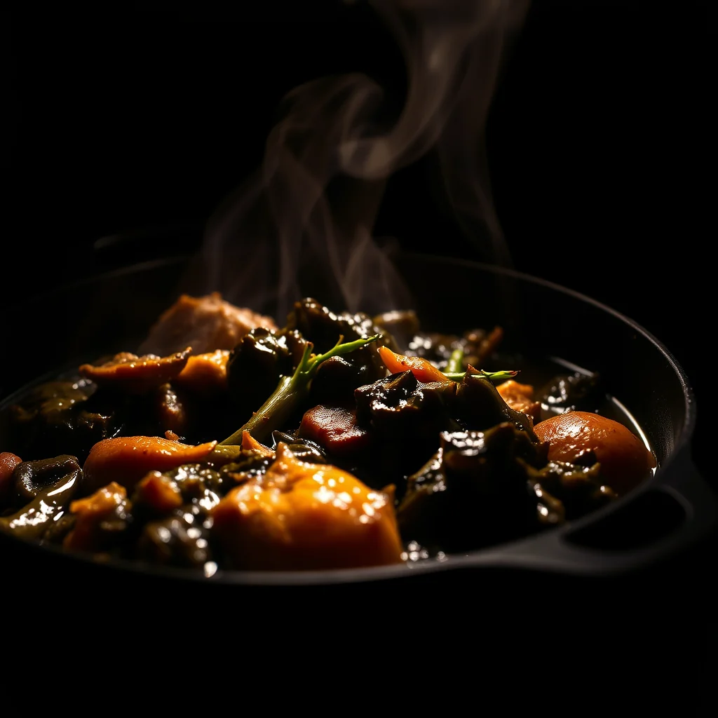 Dark slow-braised collard greens with smoked turkey in a cast iron pot, steam rising through a beam of light.