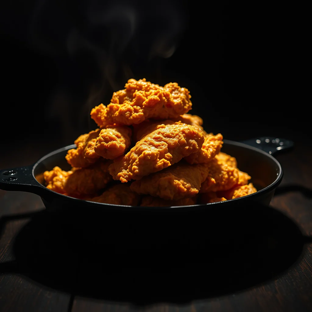 Craggy golden fried chicken stacked in a black cast iron skillet under a hard overhead light.