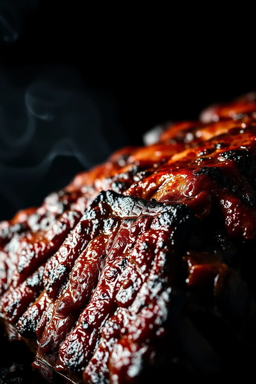 Macro photograph of a rack of slow-smoked ribs with blackened bark and caramelised glaze, lit from one side against darkness.